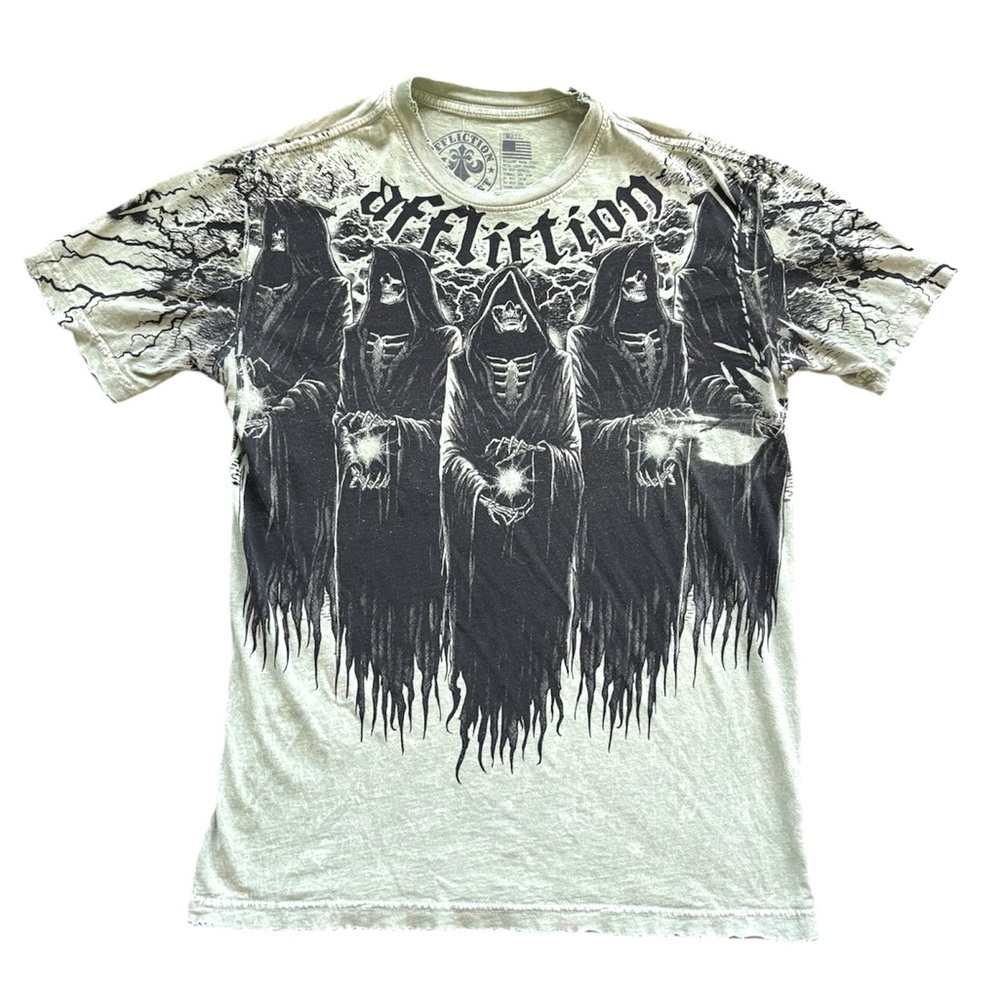 Affliction Men’s Small Shadow Tee Short-Sleeve Graphic Green Black Skull Shirt - Picture 3 of 8